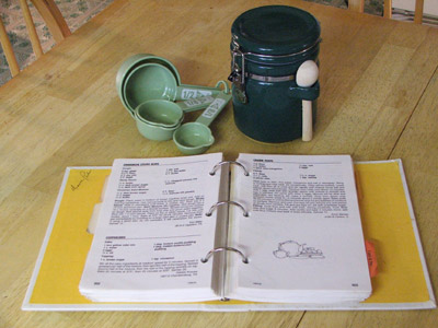 Recipe book and measuring spoons.