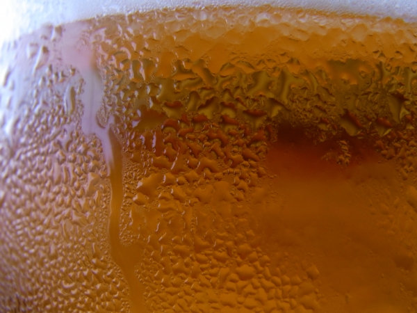 Close up of a glass of chilled beer.