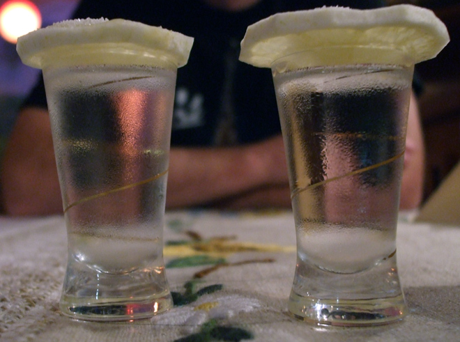 Glasses of vodka with a slice of lemon on top.