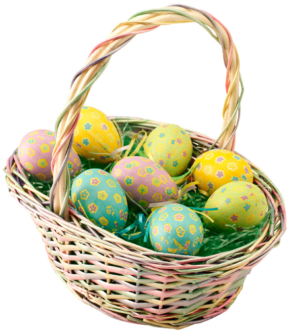 A basket with decorated Easter eggs.