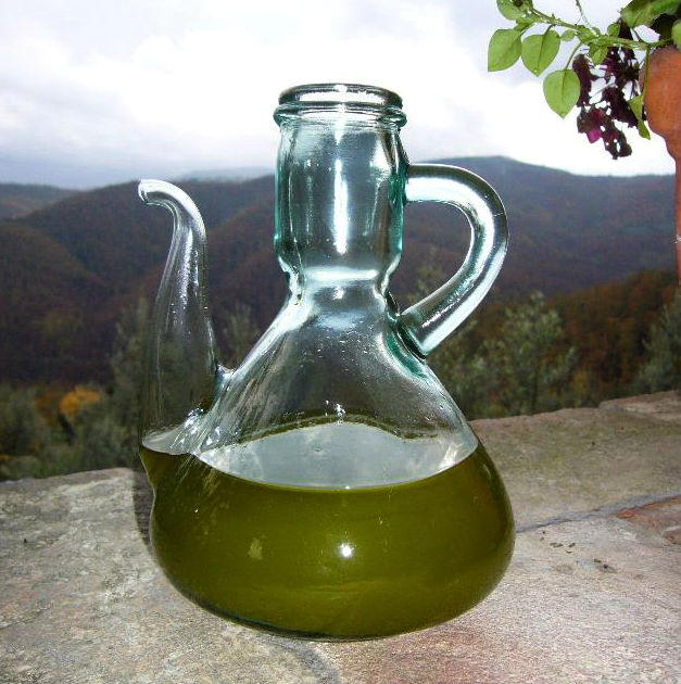 A jar with virgin olive oil.