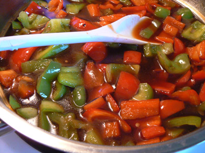 Detail of sweet and sour pork.