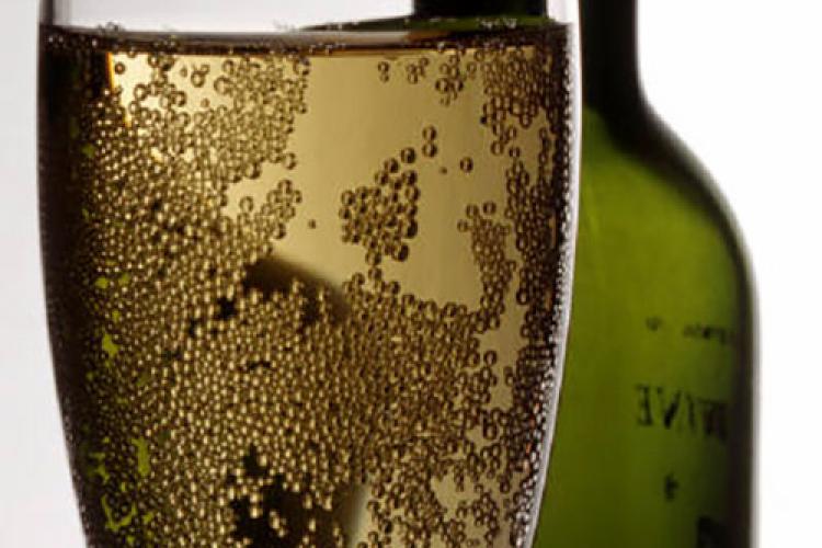 A glass of sparkling wine with a bottle in the background.