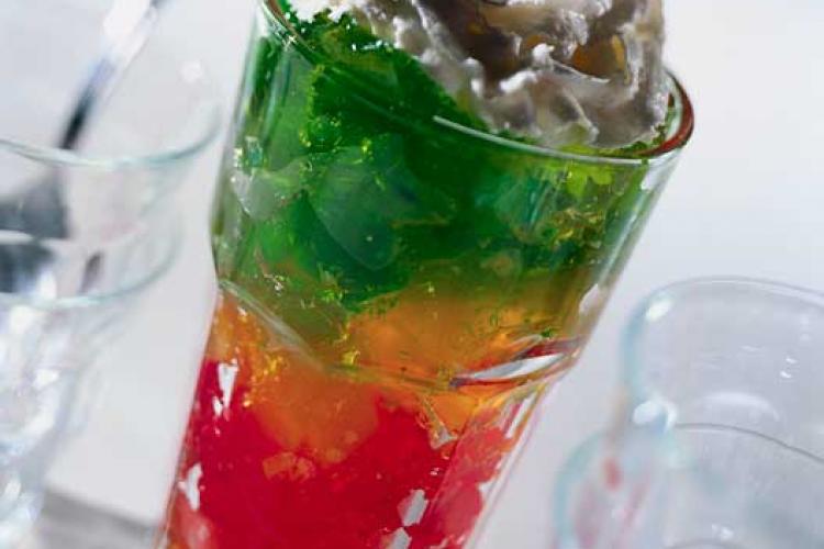 A cup with red, orange and green jelly, like a traffic light.