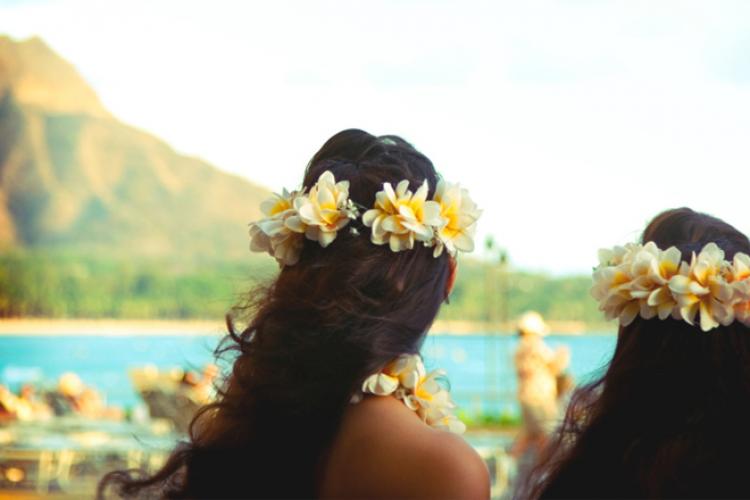 Hawaiian landscape with two women.