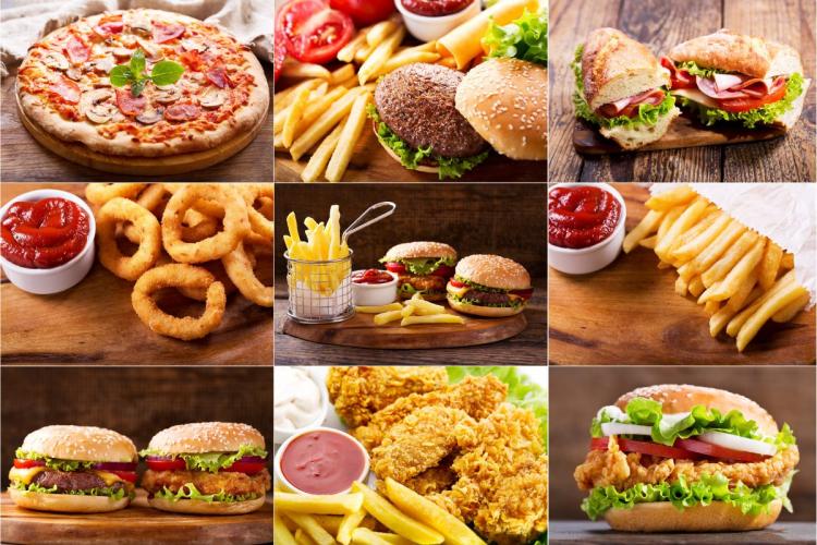Various fast food prodcuts including pizza, hamburgers, sandwiches, onion rings, chicken nugets, fish burger and chips.