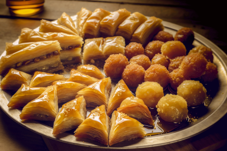 A selection of Greek desserts including baklava, loukoumades, and galaktoboureko.