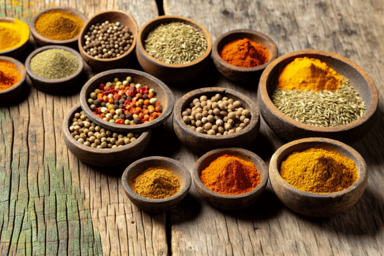 A selection of vibrant spices including cumin, coriander, and turmeric.