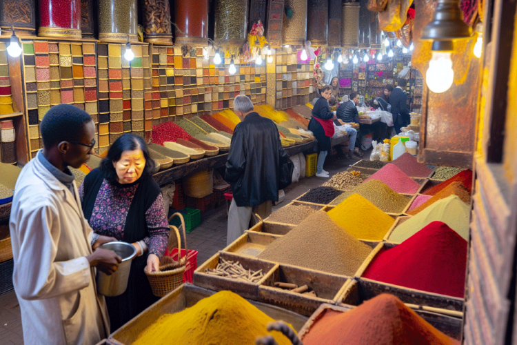 A vibrant Moroccan spice market with colorful spices and herbs.