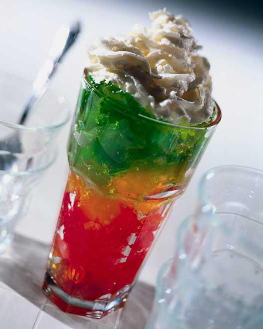 A cup with red, orange and green jelly, like a traffic light.