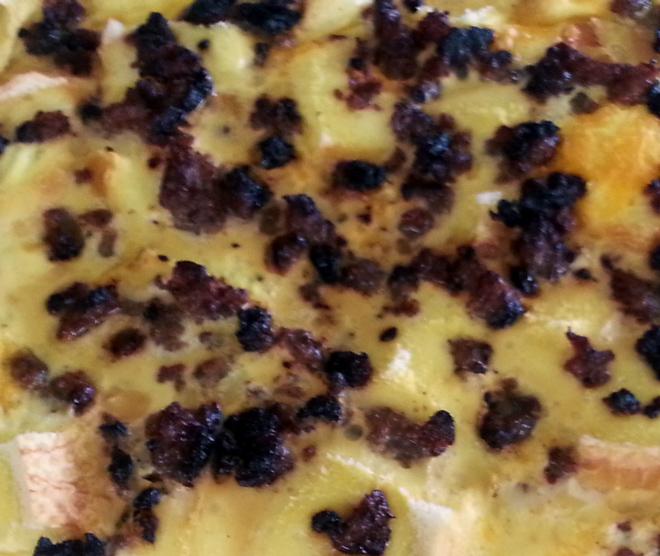 Close up of an egg and sausage casserole.