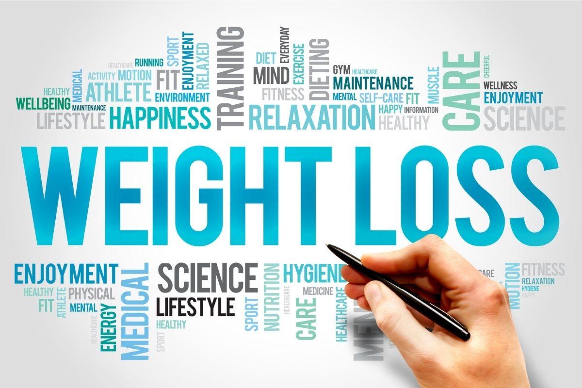 Weight loss word cloud including nutrition, fitness, science, lifestyle, happiness and more.
