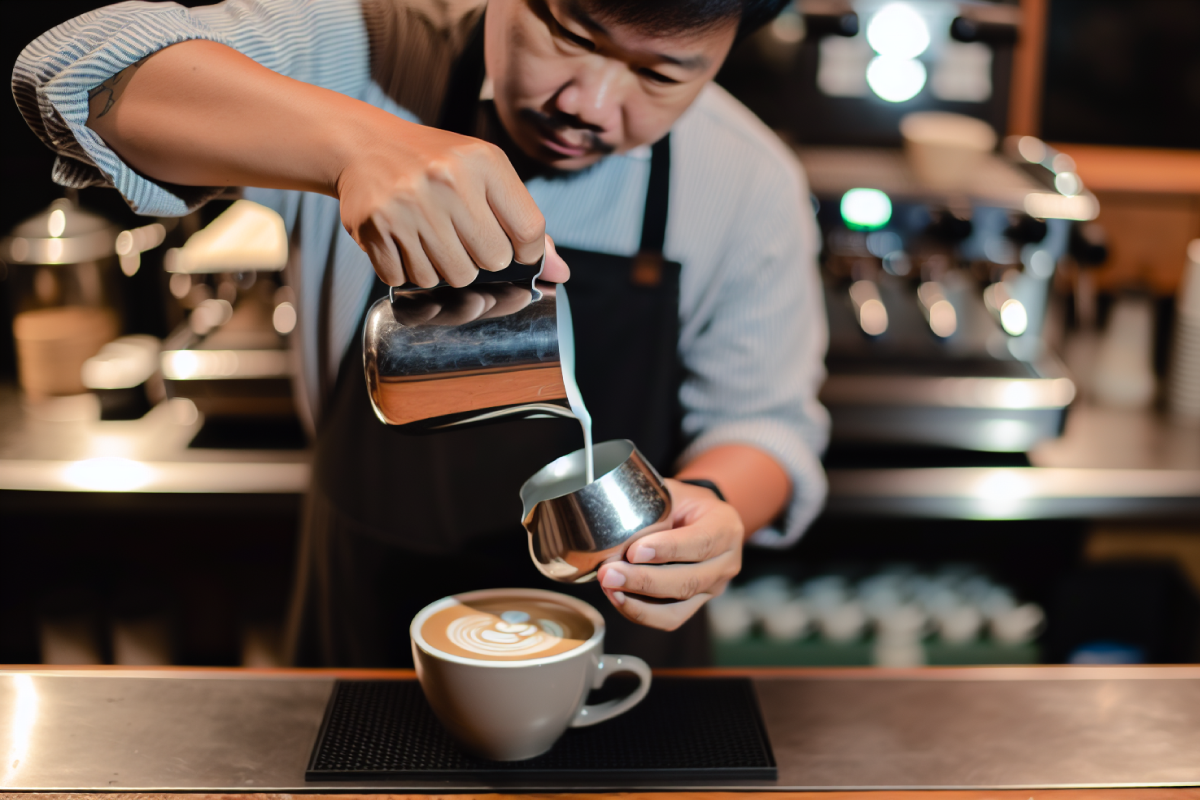 Pouring latte art with milk texture and good consistency.