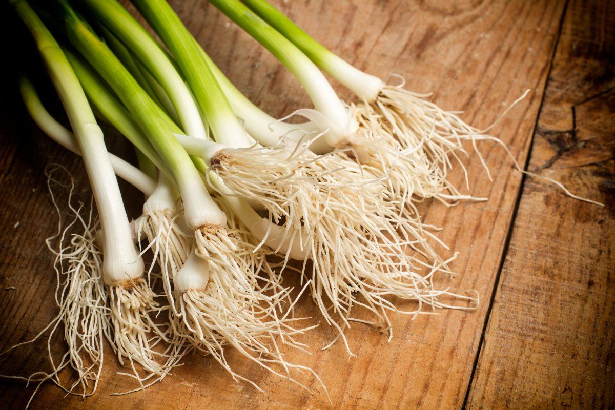 Raw garlic shoots over a rustic wood table.