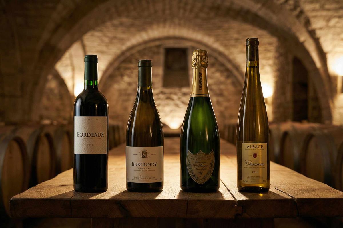 Four distinct wine bottle shapes arranged in a row on a rustic wooden table in a wine cellar. From left to right: a high-shouldered Bordeaux bottle, a sloping Burgundy bottle, a foiled Champagne bottle, and a tall, slender Alsace bottle, illuminated by warm, dramatic lighting. Synthetic image.