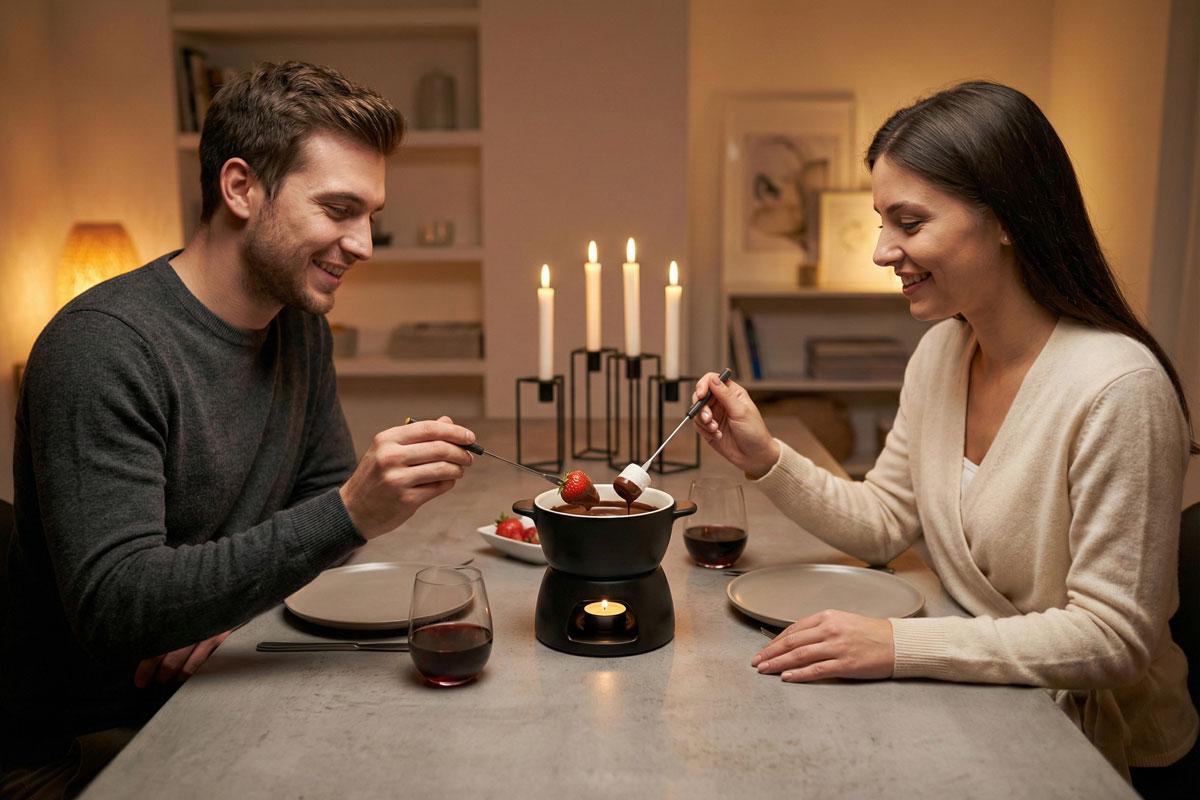 wo people dip strawberries and marshmallows into a chocolate fondue pot by candlelight.