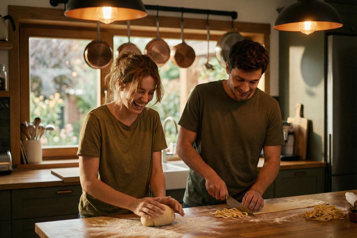 Two people cook together, kneading dough and cutting fresh pasta on a floured counter.