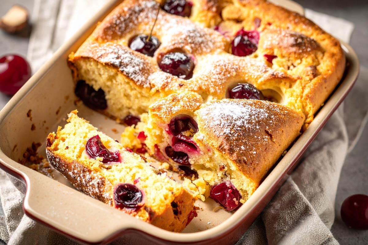 A Swiss cherry bread pudding in a rustic ceramic baking dish on a linen tablecloth.