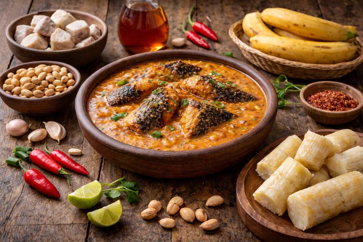 Wooden table with clay bowl filled with peanut sauce with smoked fish, accompanied by cooked malanga, boiled yucca, plantains, peanuts, garlic and red chilies.