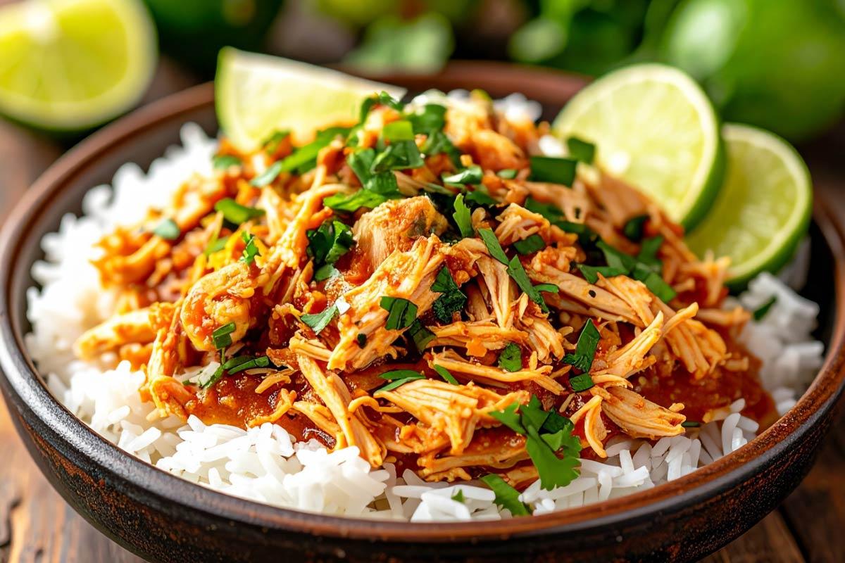 Bowl of cilantro lime shredded chicken in sauce over white rice with cilantro and lime wedges.