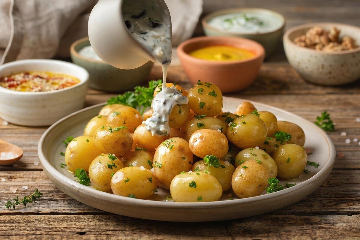 Creamy herb dressing being poured over steamed baby potatoes garnished with fresh parsley on a rustic table.