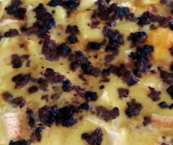 Close up of an egg and sausage casserole.