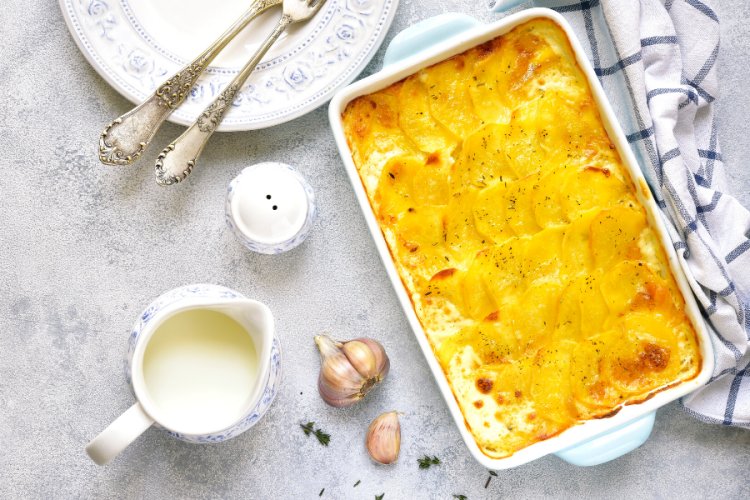 Top view of leek and potato gratin.