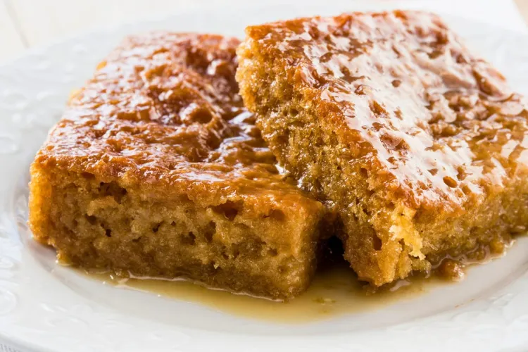 Two pieces of malva pudding.