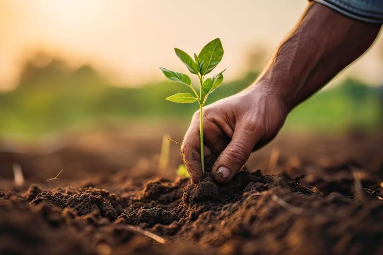 A hand caring for a young plant growing from the soil.