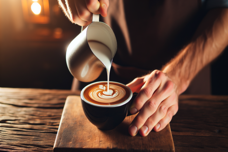 Hands of a man creating a heart design in a latte.