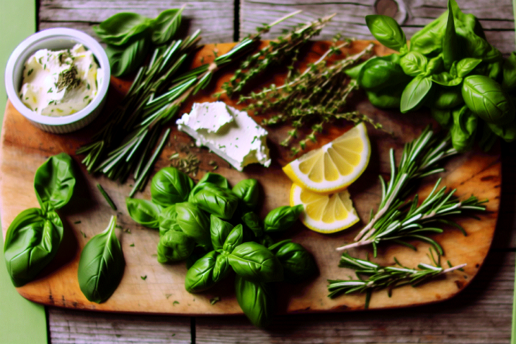 Variety of herbs and ingredients for a cream cheese spread.