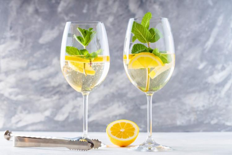 Two glasses of elderflower spritz with lemon slices and mint leaves on a light background.