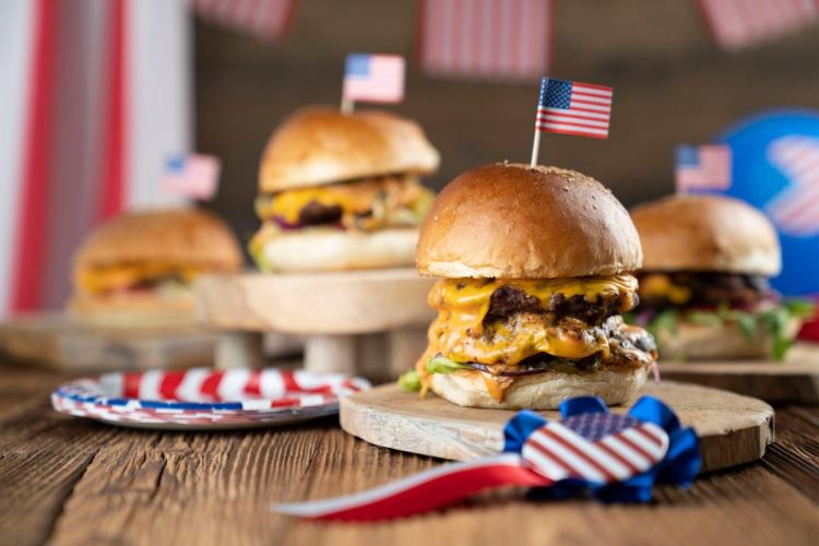 Tasty burgers decorated to celebrate the Fourth of July.