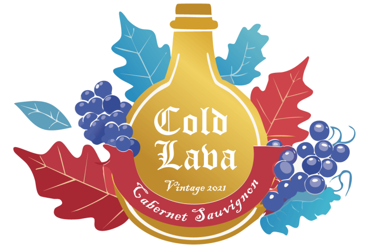 Label for an imaginary red wine named Cold Lava, Cabernet Sauvignon, vintage 2021.