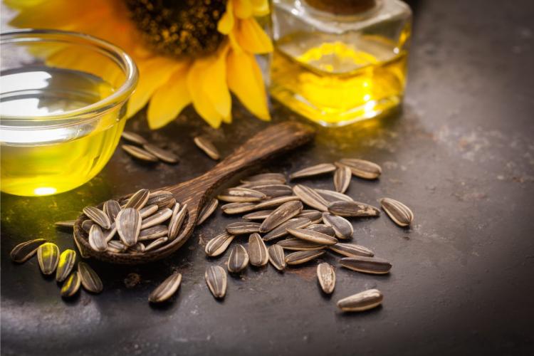 Sunflower seeds with a bowl and bottle of sunflower oil; sunflower bloom in the background.