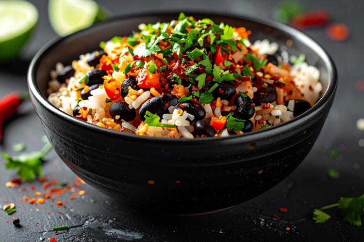 A bowl of rice and black beans garnished with chopped tomato, chipotle and coriander.
