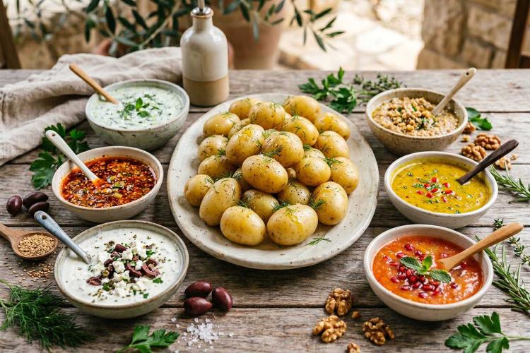 Platter of steamed baby potatoes surrounded by six homemade dressings, including herb, feta, walnut, curry, and chili sauces, on a rustic wooden table.