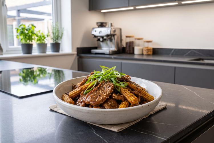 A bowl of glossy teriyaki beef with baby corn, garnished with sliced green onions and sesame seeds, on a dark countertop in a modern kitchen, synthetic image.