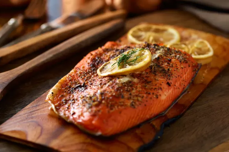 Seasoned salmon fillet on a charred cedar plank, topped with a roasted lemon slice and fresh dill