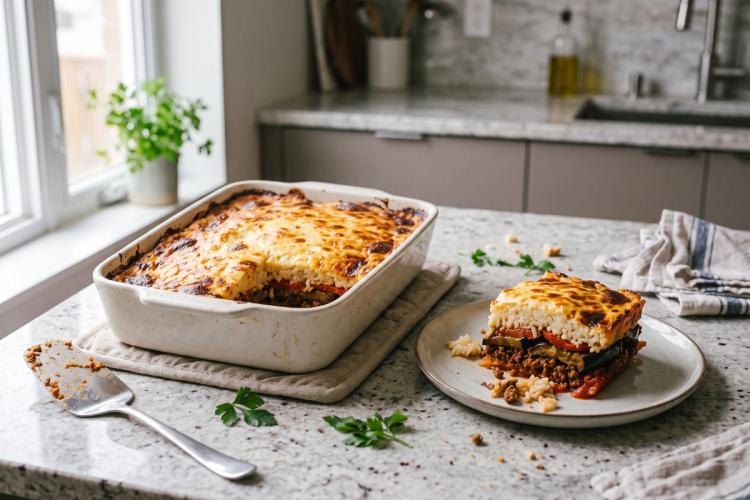 A baked Egyptian rice-and-béchamel casserole in a white dish with a golden, bubbling cheese top, next to a cut slice on a plate showing layers of spiced ground meat, eggplant and tomato under creamy rice.