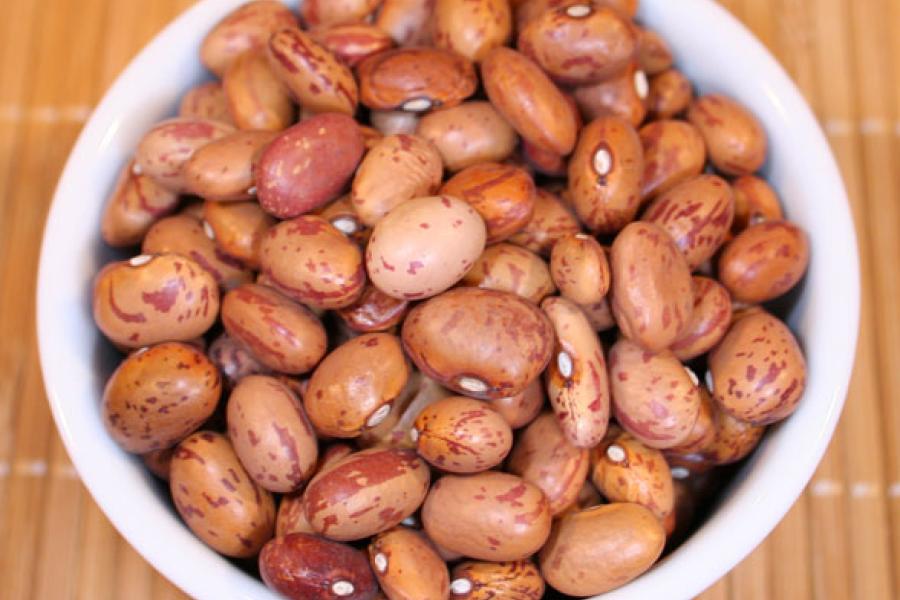 Pinto beans in a white container.