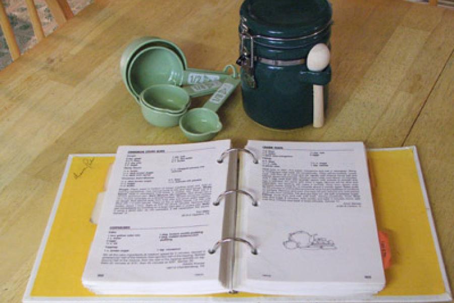 Recipe book and measuring spoons.