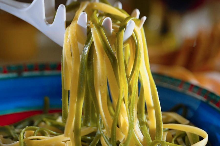 Pasta holder draining cooked tagliatelle our of the pan.