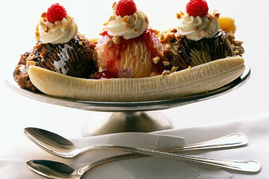 Banana split in a long cup.
