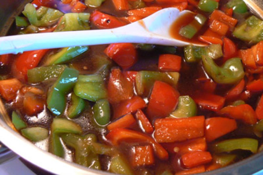 Detail of sweet and sour pork.