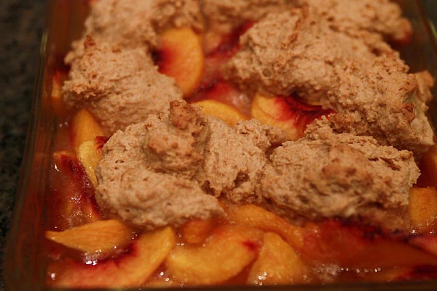 Detail of a peach cobbler.
