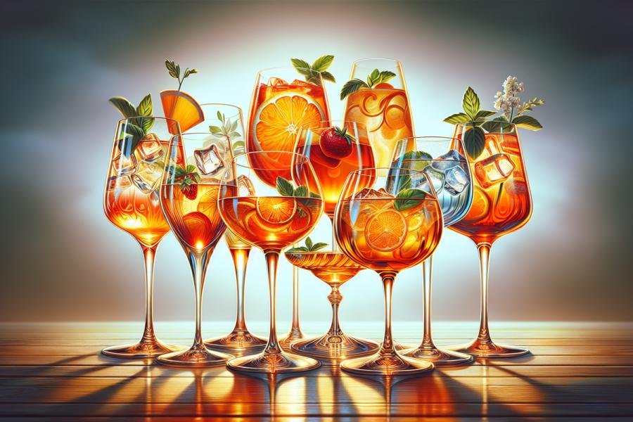 Spritz cocktails in glasses, orange slices, strawberries, mint leaves, flowers.