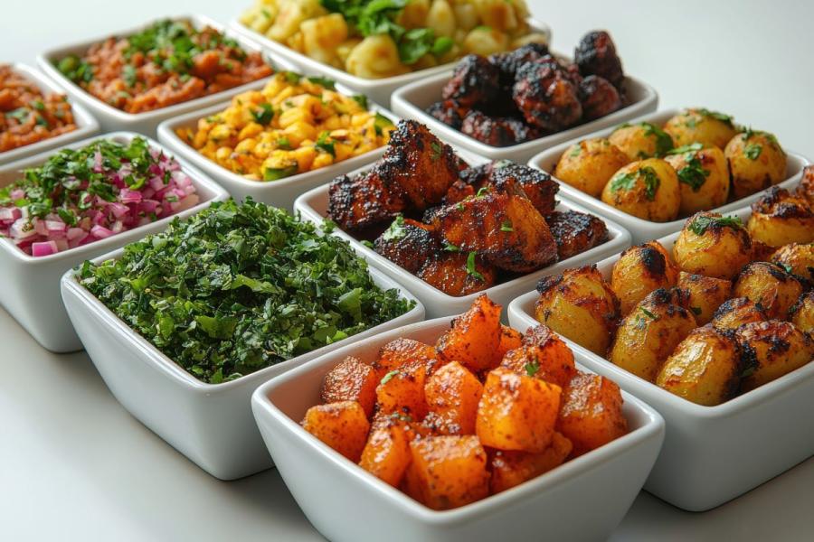 Selection of fusion food in small, white containers, with roasted potatoes, spiced vegetables and salads, presented in a colorful and appetizing way.