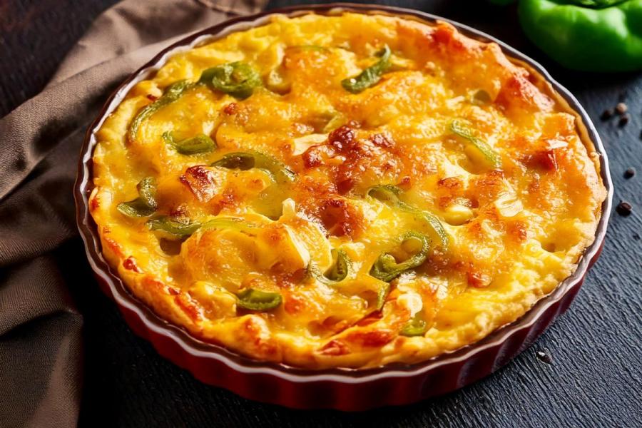 A baking dish with macaroni cheese pie with bell pepper and onion, Bahamian style- AI generated.