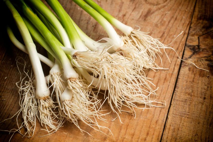 Raw garlic shoots over a rustic wood table.
